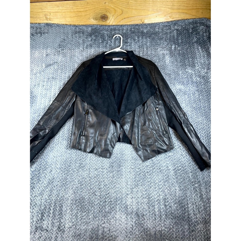 Bagatelle Collection Faux Leather Jacket Womens L Black Draped Collar Open Front